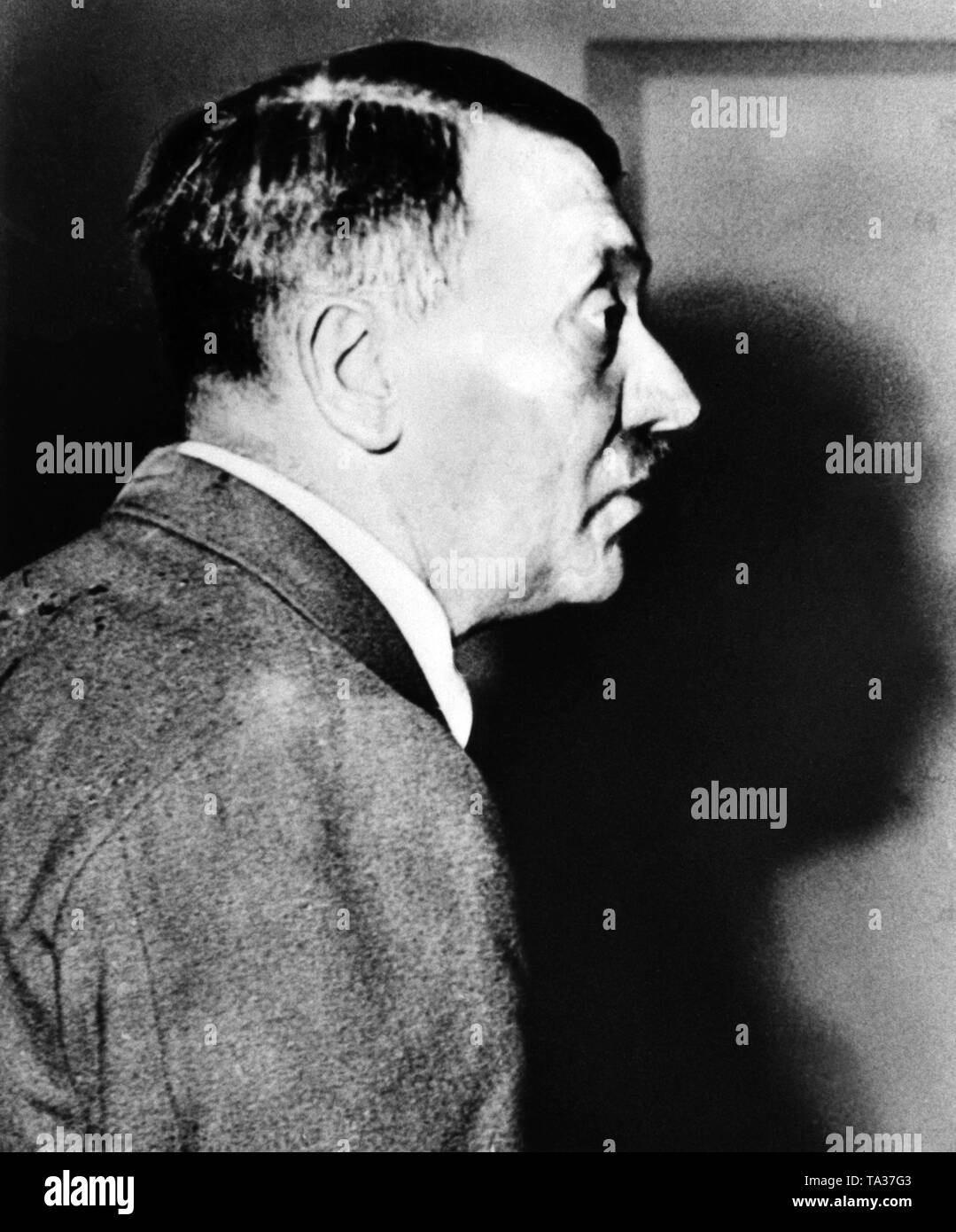 Ritratto di profilo di Adolf Hitler poco dopo il fallito tentativo di assassinio del 20 luglio 1944, quando egli descrive il suo visitatore Mussolini i dettagli dell'esplosione Foto Stock