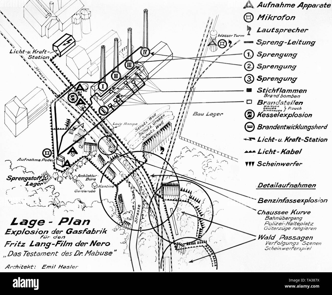 Mappa del sito per l'esplosione della fabbrica di gas per il film "Il testamento del dottor Mabuse', dall'architetto Emil Hasler e diretto da Fritz Lang. Lo script è stato basato su un romanzo di Nobert Jacques. Il film è stato vietato dai nazisti a causa del suo soggetto politico. Foto Stock