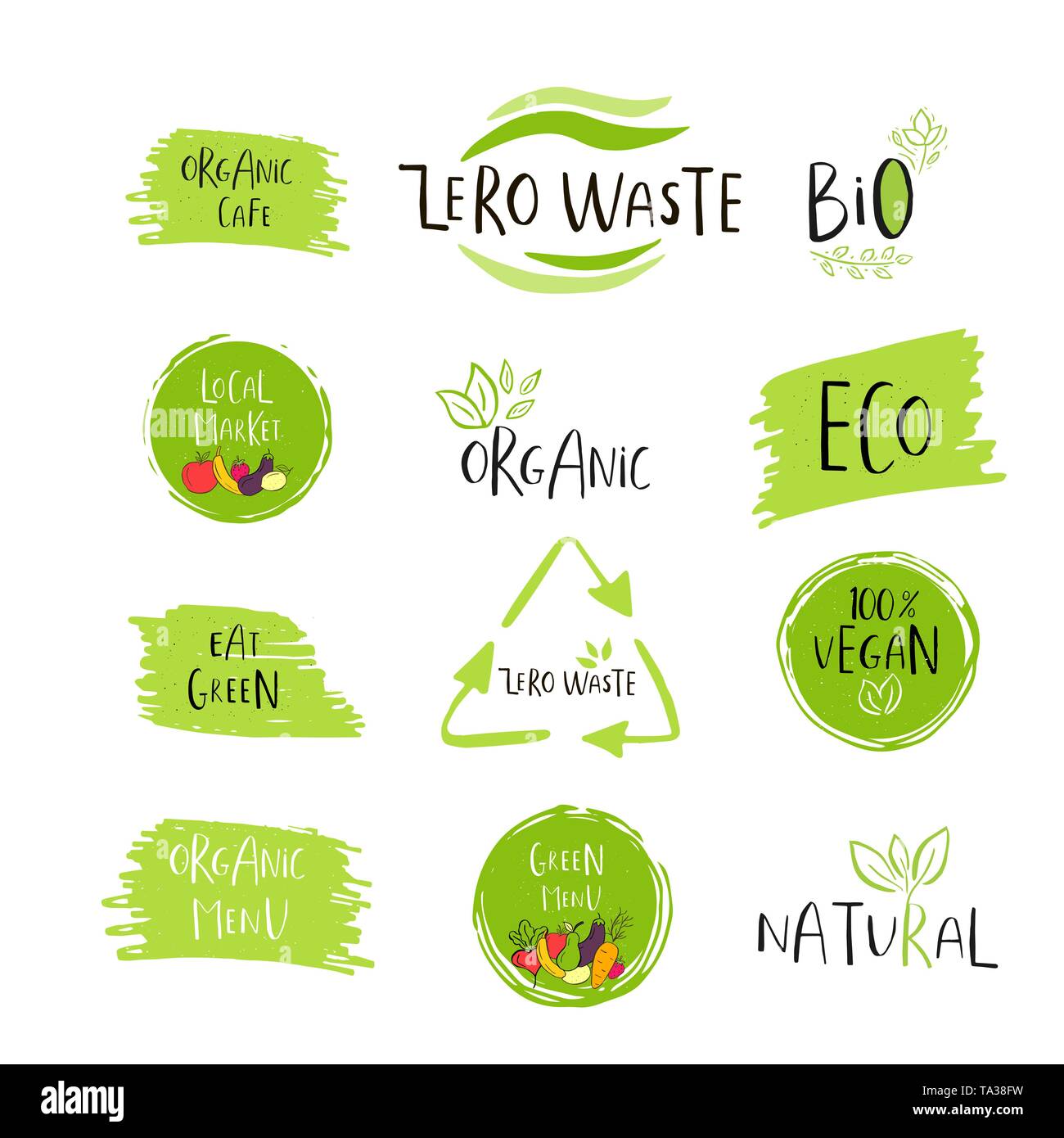 Disegnata a mano Rifiuti Zero logo o segno. Badge Eco, tag per lo shopping, nessun mercato di plastica, prodotti packaging.naturale di foglie, rami, elementi vegetali con Illustrazione Vettoriale