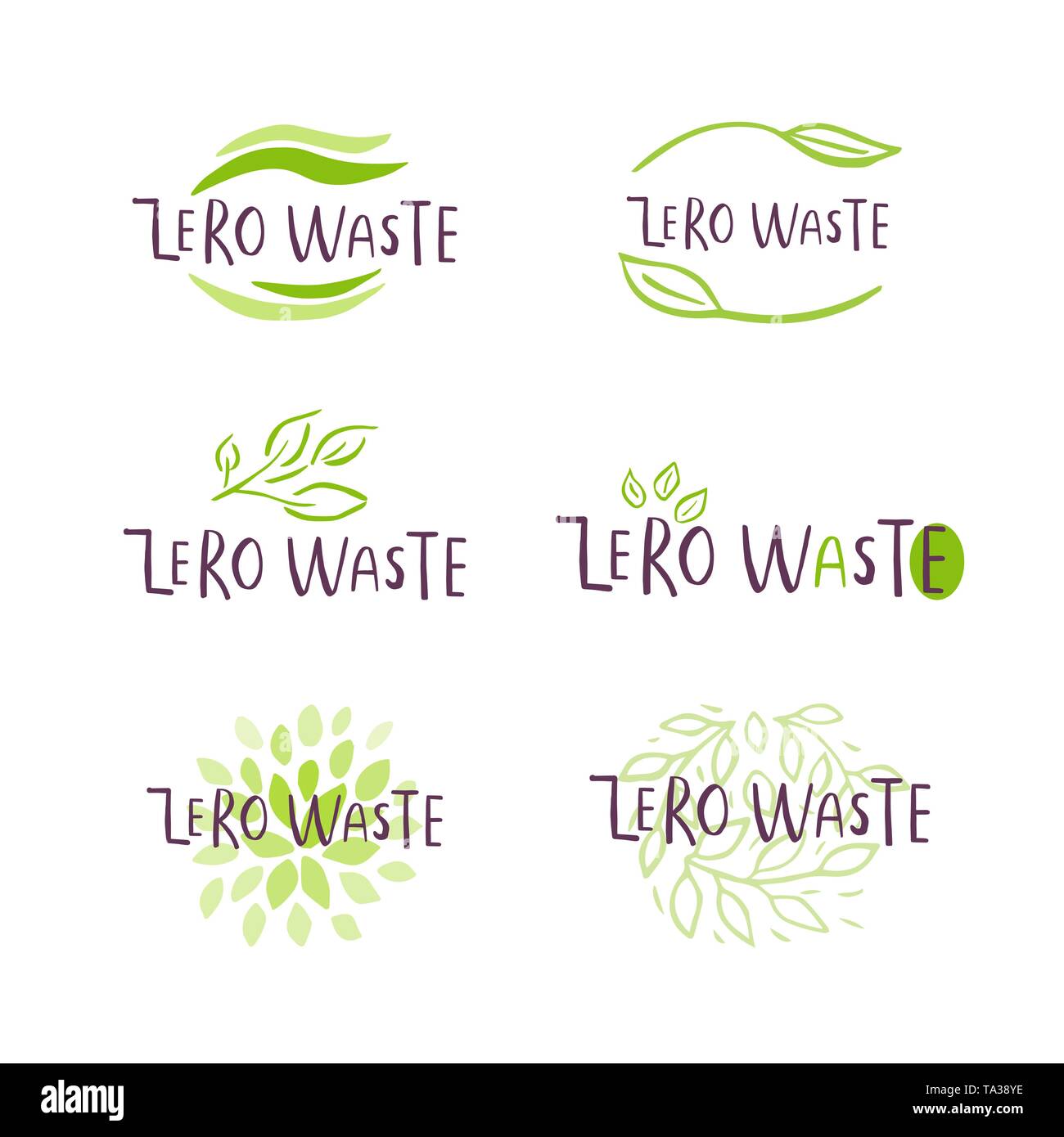Disegnata a mano Rifiuti Zero logo o segno. Badge Eco, tag per lo shopping, nessun mercato di plastica, prodotti packaging.naturale di foglie, rami, elementi vegetali con Illustrazione Vettoriale