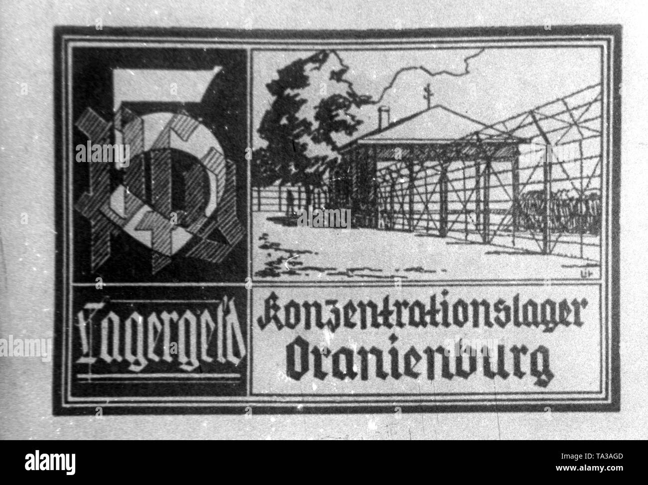 5 Pfennig campo di concentramento i soldi di Oranienburg campo di concentramento. Sulla fattura o token money è uno spaccato del campo recintato. Foto Stock