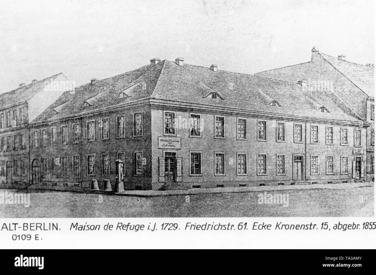 La Maison de rifugio nella Friedrichstrasse / angolo Kronenestrasse a Berlino. Esso bruciata nel 1855. Foto Stock