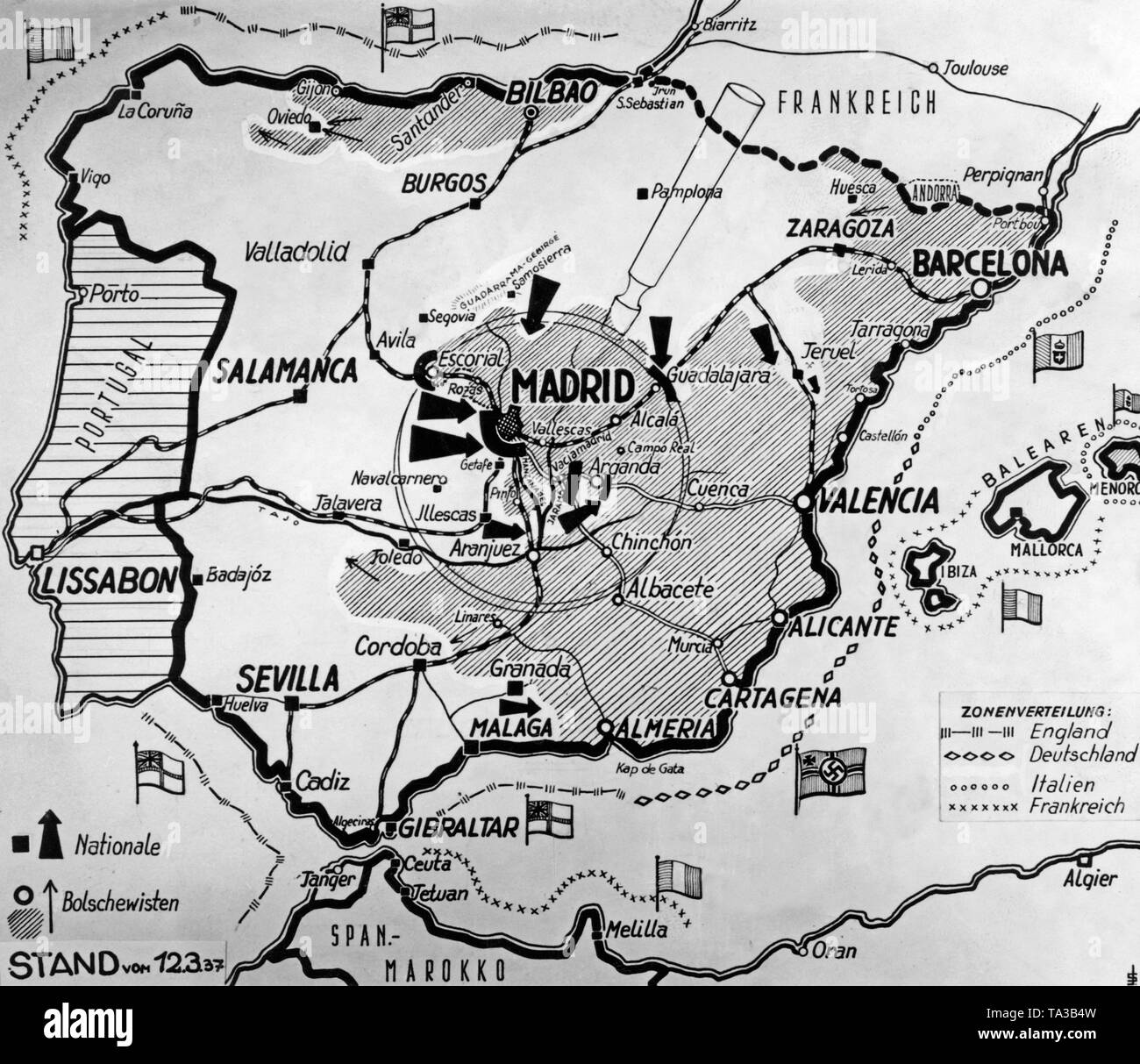 Mappa di Spagna con le sue frontiere il 12 marzo 1937. I territori della Repubblica sono ombreggiate. Secondo la leggenda i repubblicani sono chiamati bolscevichi. Le frecce indicano le offensive della nazionale spagnola di fazione. Foto Stock