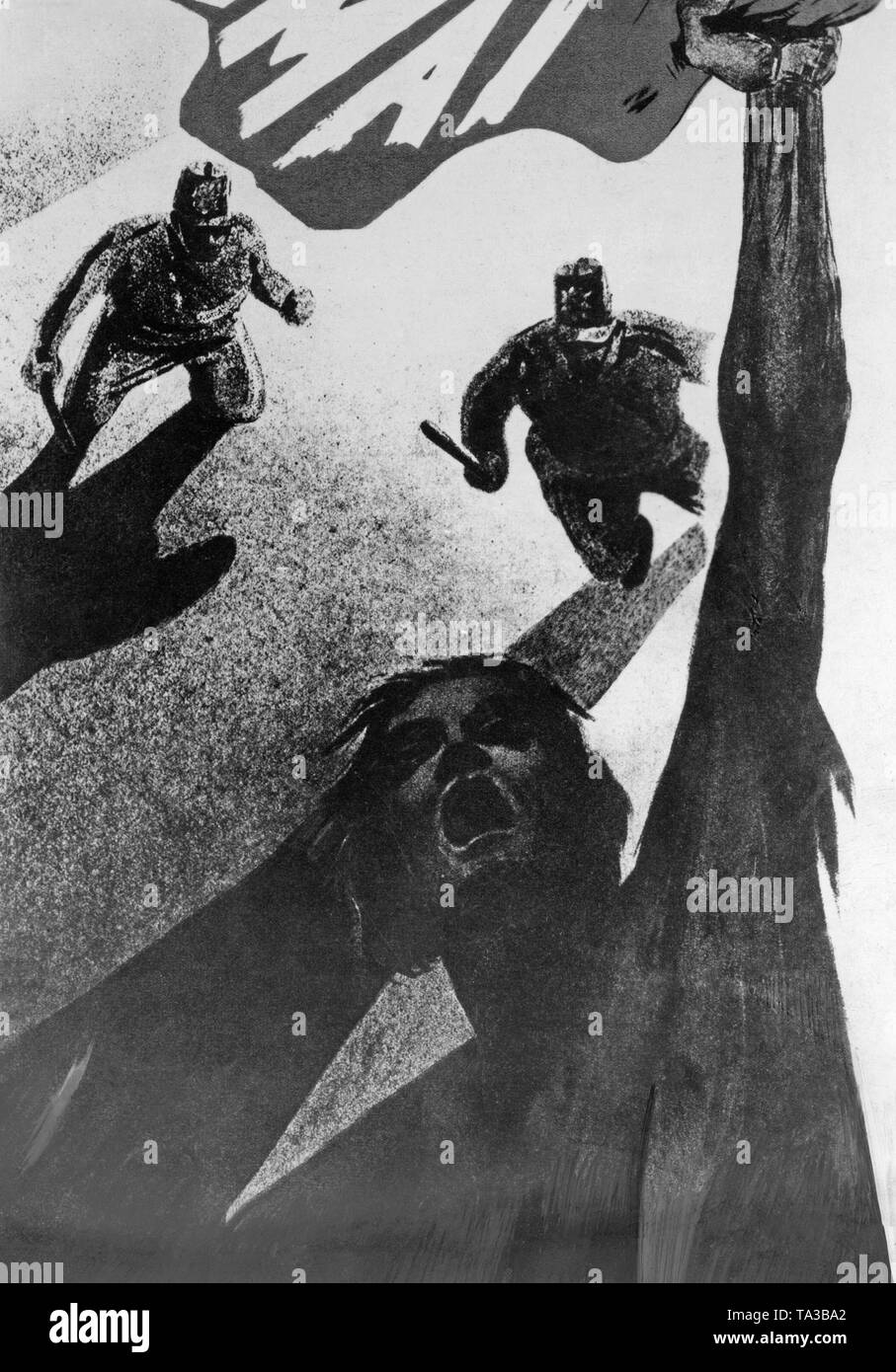 Il KPD poster per Maggio 1, 1932 a Berlino illustra un lavoratore urlando tenendo la bandiera rossa con la scritta "ay 1,' e due poliziotti a molestare lui con bastoni. Il poster foro l'iscrizione: "Ero, io, io sarò". Foto Stock