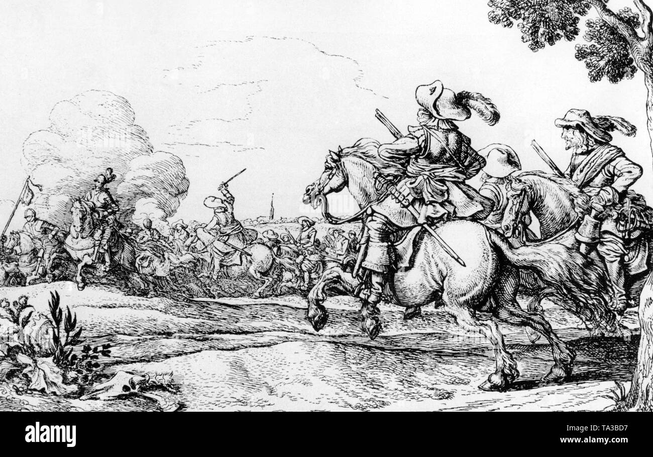 Nel 1630 Gustav II Adolf della Svezia è entrato in guerra per proteggere la causa protestante e di assicurare il proprio potere. Qui la cavalleria svedese quando attacca i soldati imperiali. Foto Stock