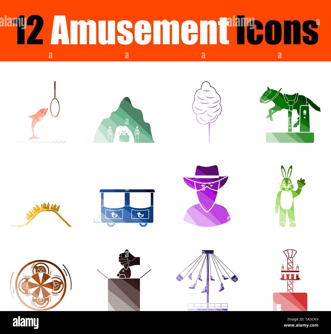 Icona di divertimenti Set. Schermo piatto a colori e design della scaletta. Illustrazione Vettoriale. Illustrazione Vettoriale