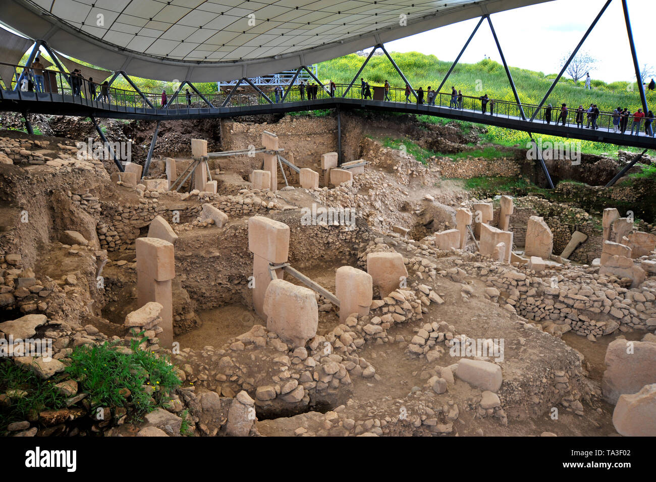 I visitatori hanno la vista di scavo di antico sito archeologico di Gobekli Tepe in Sanliurfa, Turchia Foto Stock