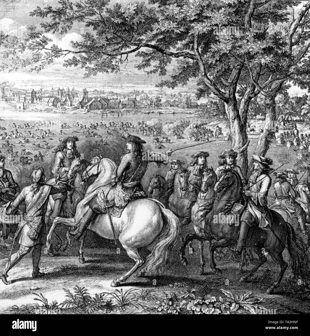 L'incisione contemporanea raffigura il re Luigi XIV, in primo piano a cavallo, quando le sue truppe attraversate il Reno durante l'attacco in Germania il 11 luglio 1676. Foto Stock