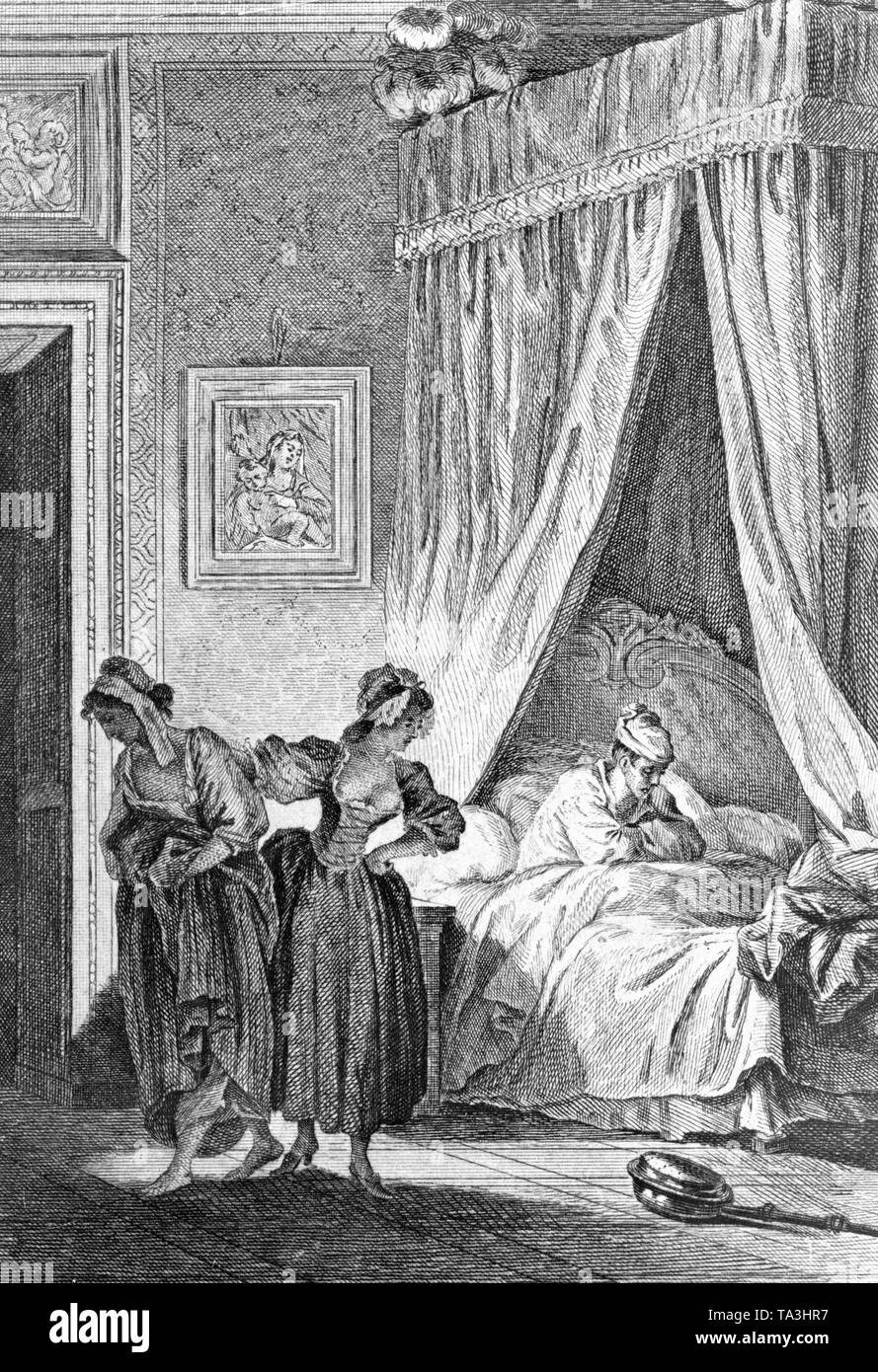 Un uomo malato risiede nel suo letto. L'incisione è stata creata dal pittore francese Jean-Honore Fragonard. Foto non datata, intorno al 1732-1806. Foto Stock