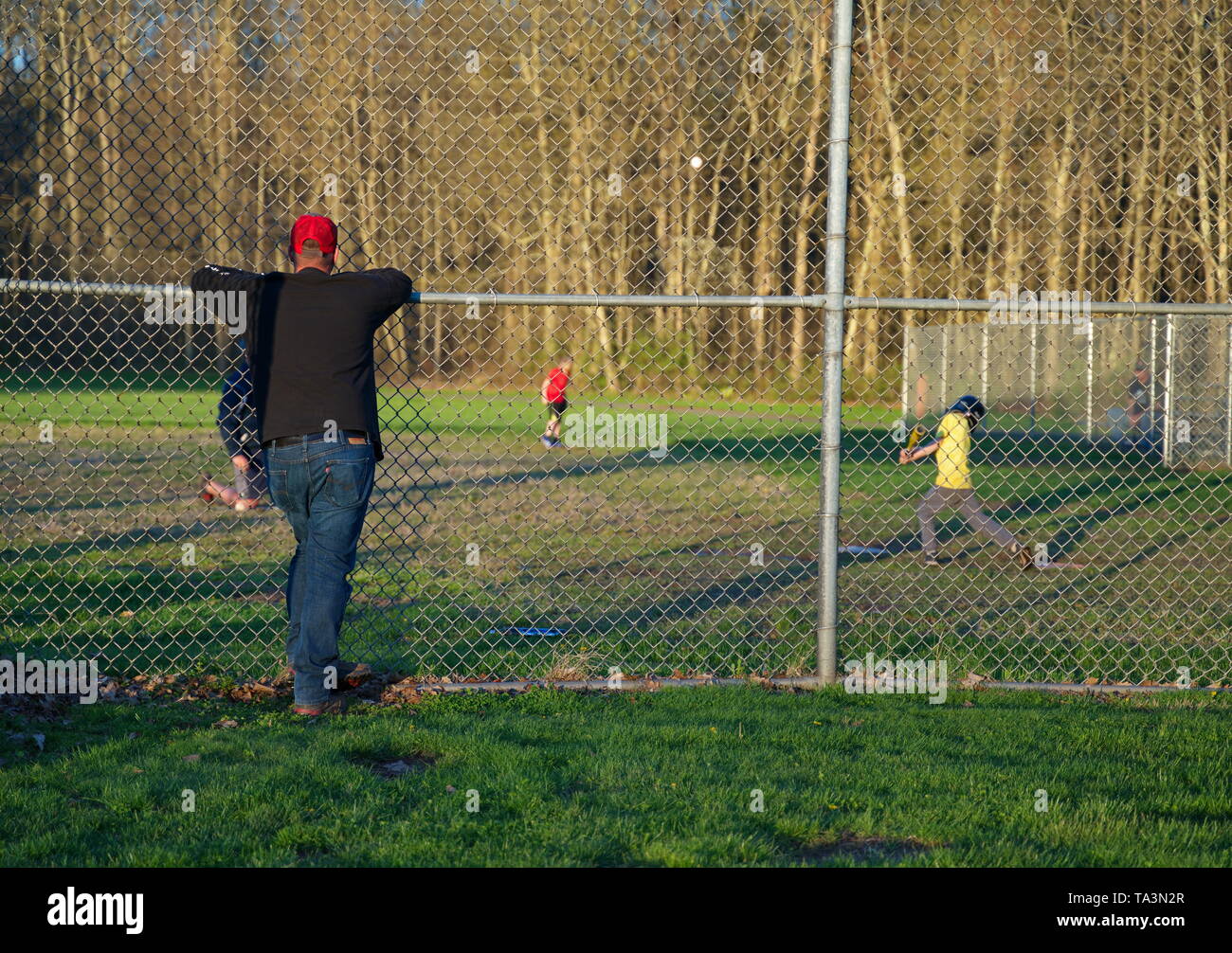 Di middelmark CT, Stati Uniti d'America. Apr 2019. Papà guardando il suo figlio a baseball pratica da al di fuori del recinto su una bella nuova Inghilterra pomeriggio. Foto Stock