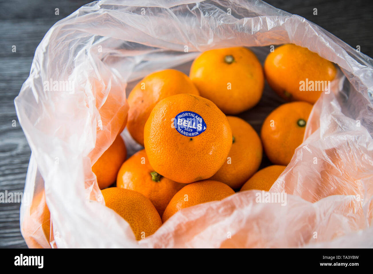 Mandarini acquistati al supermercato in un singolo uso di produrre una busta di plastica. Non rispettosi dell'ambiente. Bella la frutta di arancia, di marca con adesivo. Foto Stock