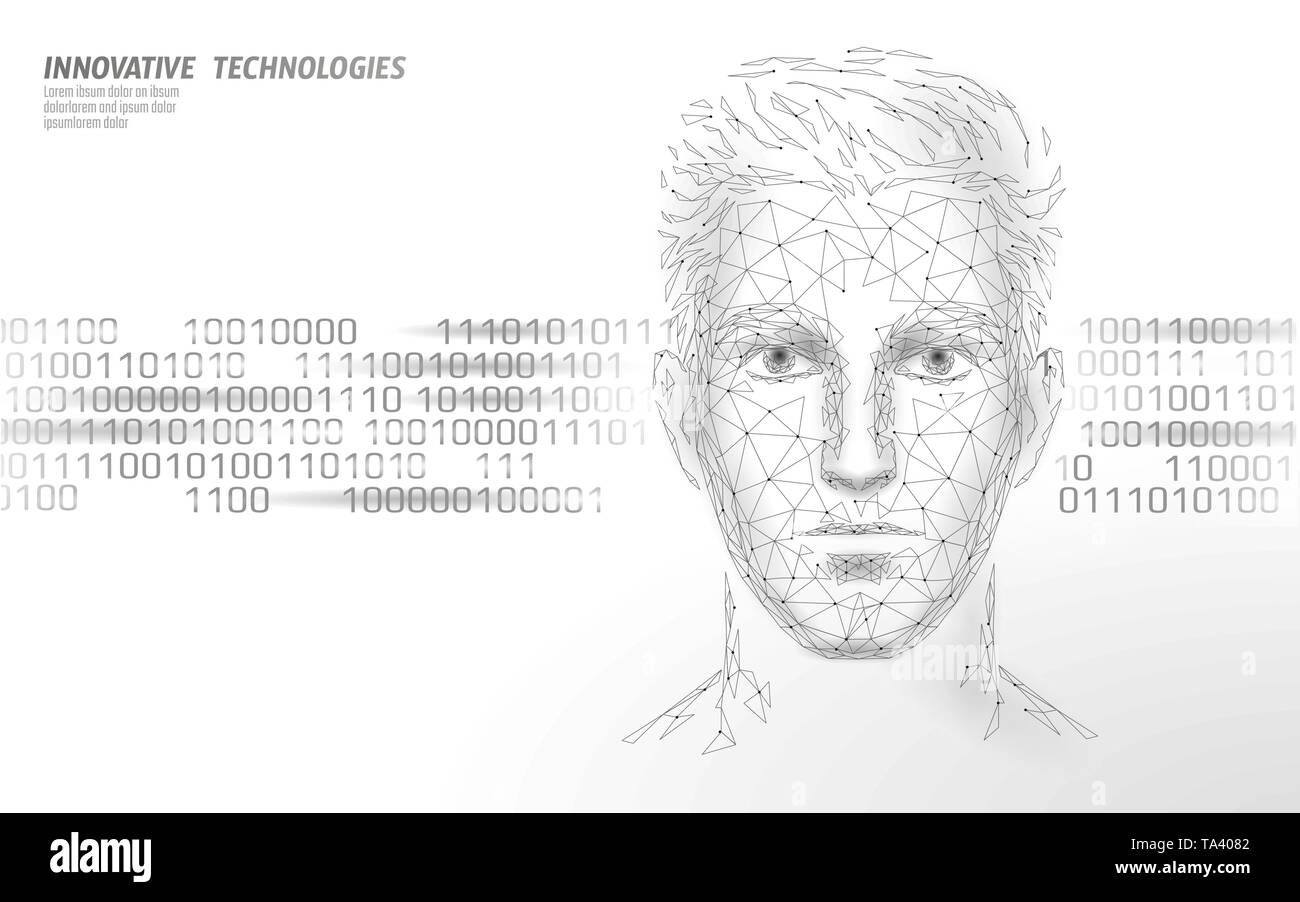 Bassa poli maschio faccia umana identificazione biometrica. Intelligenza Artificiale intelligenza artificiale assistant il concetto di sistema. Personale chatbot online help centre innovazione Illustrazione Vettoriale
