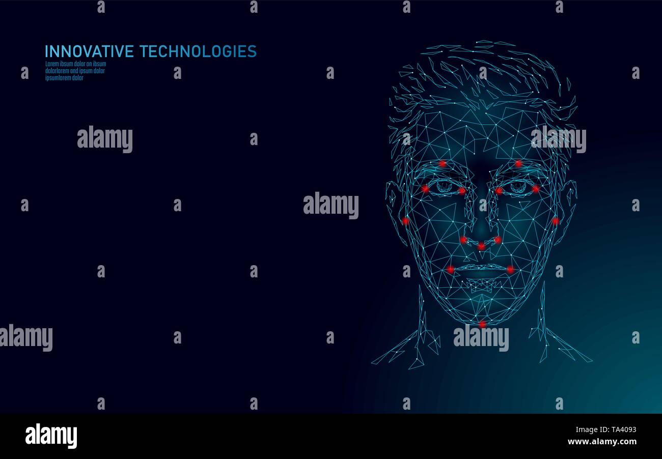 Bassa poli maschio faccia umana identificazione biometrica. Sistema di riconoscimento del concetto. Dati personali accesso sicuro la scansione di innovazione tecnologica. 3D Illustrazione Vettoriale
