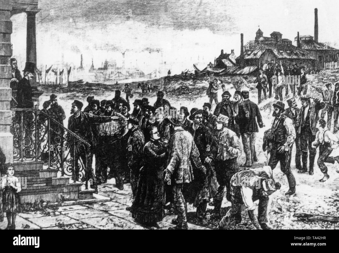 Alcuni lavoratori la domanda di migliori condizioni di lavoro e salariali più dalla fabbrica proprietario nel XIX secolo. Foto Stock