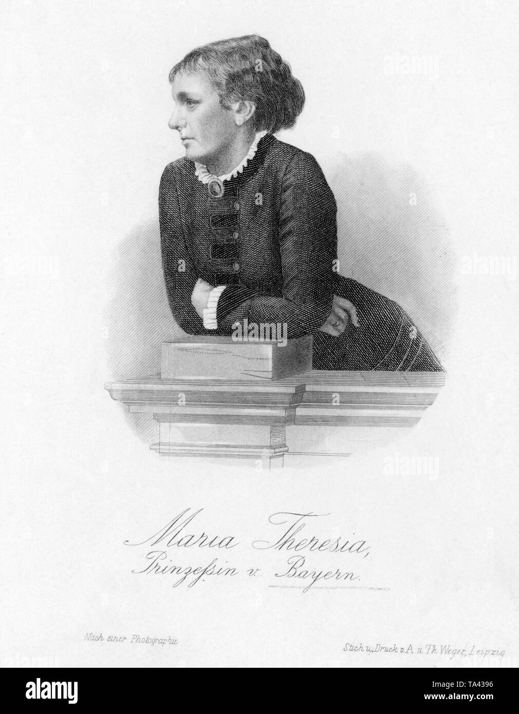 Questa fotografia, dopo una incisione da agosto e Th. Wege in Leipzig, mostra Maria Theresa, moglie del principe di Ludwig III di Baviera, l'Arciduchessa d Austria-Este e principessa di Modena e la Baviera. Foto non datata, presumibilmente nel 1880. Foto Stock