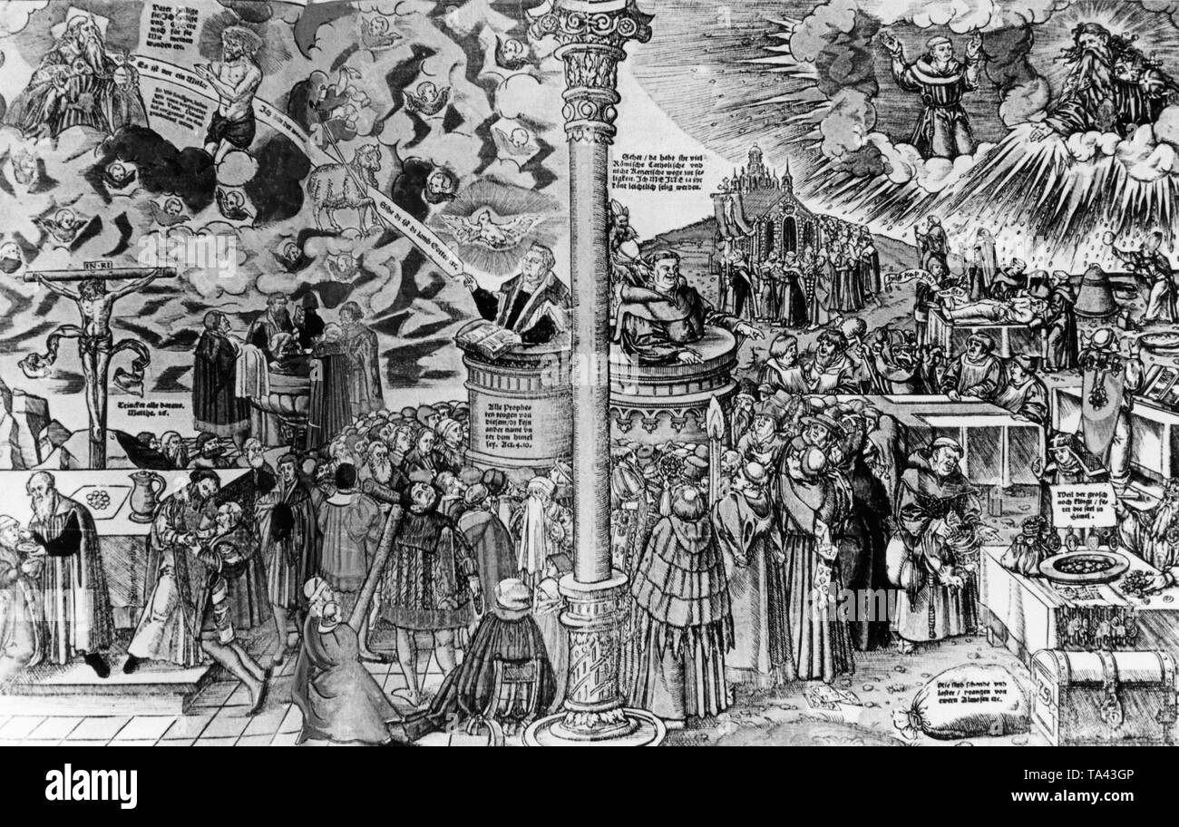 Foglio illustrativo da Lucas Cranach il Vecchio. Sulla sinistra un sermone di Martin Luther, sulla destra una rappresentazione della indulgenza cattolica vendita come un puro metodo di approvvigionamento di denaro. Foto Stock