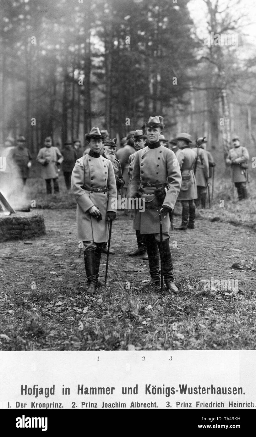 Hohenzollern principe mentre la caccia. Nella prima riga da sinistra: Crown Prince Wilhelm of Prussia con il Principe Friedrich Heinrich. In seconda fila da sinistra: il Principe Albrecht di Prussia e suo figlio il principe Joachim Albrecht. Foto Stock