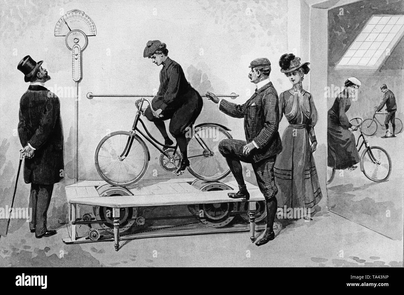 Illustrazione di una bicicletta trainer. Una donna è seduta su una bicicletta in piedi su una bicicletta aspo. Esso realizzato in sella alla moto possibile piscina sul posto. Foto Stock