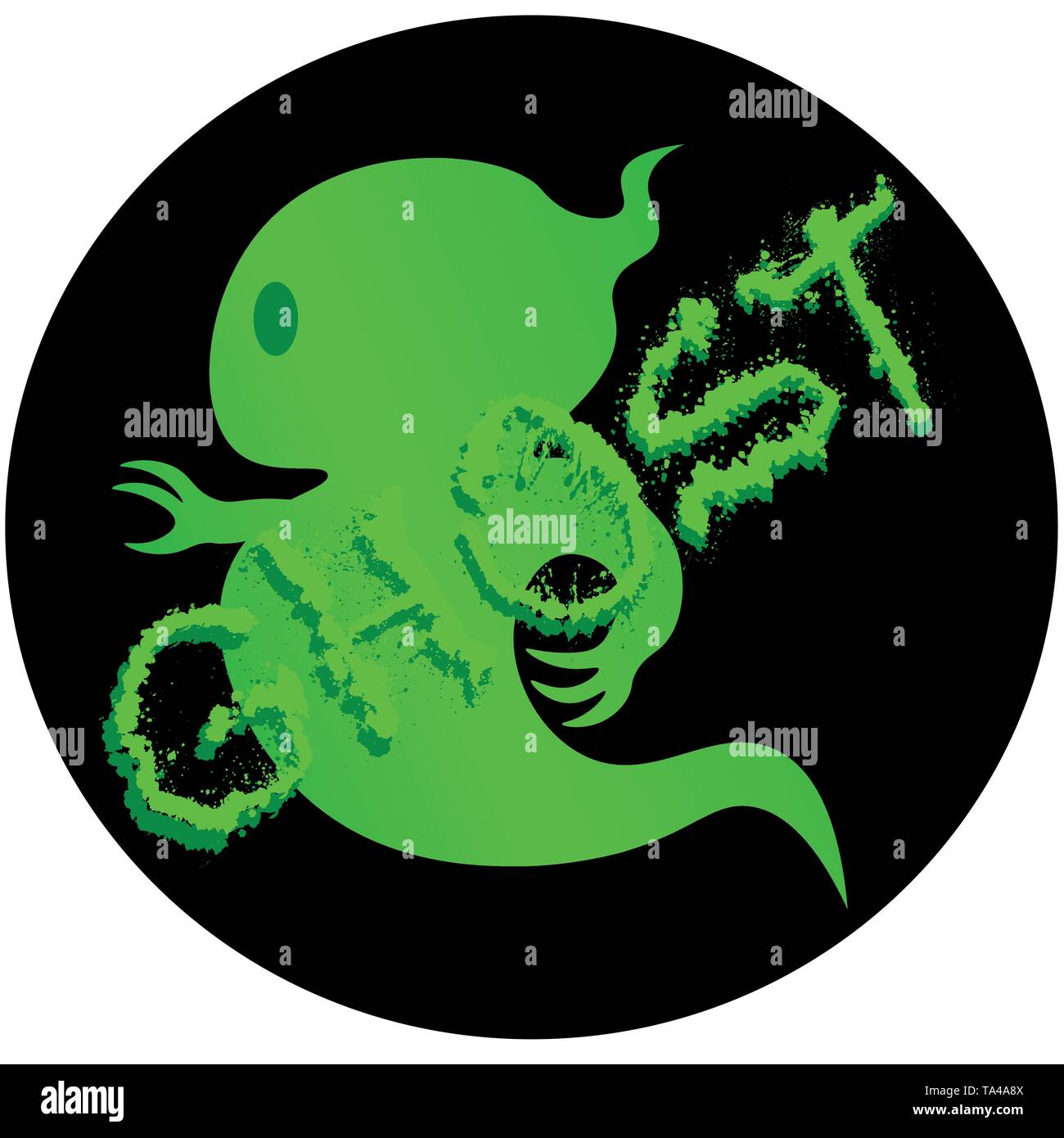 Green ghost logo su sfondo nero con la scritta Illustrazione Vettoriale