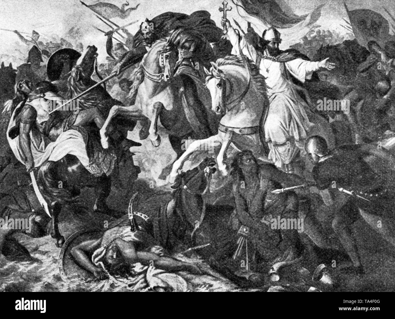 Gli ungheresi sono sconfitti nella battaglia di Lechfeld da Re Ottone I e il Vescovo di Augsburg, st Ulrich. Un dipinto del pittore storico Giulio Frank. Foto Stock