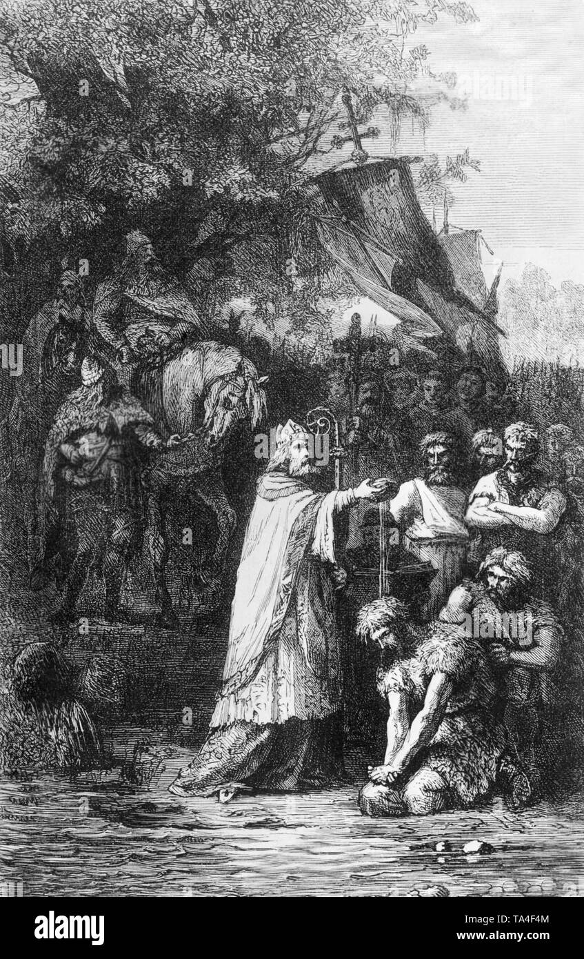 Il Battesimo e la sottomissione dei Sassoni dai missionari cristiani nel corteo di Carlo Magno. Foto Stock