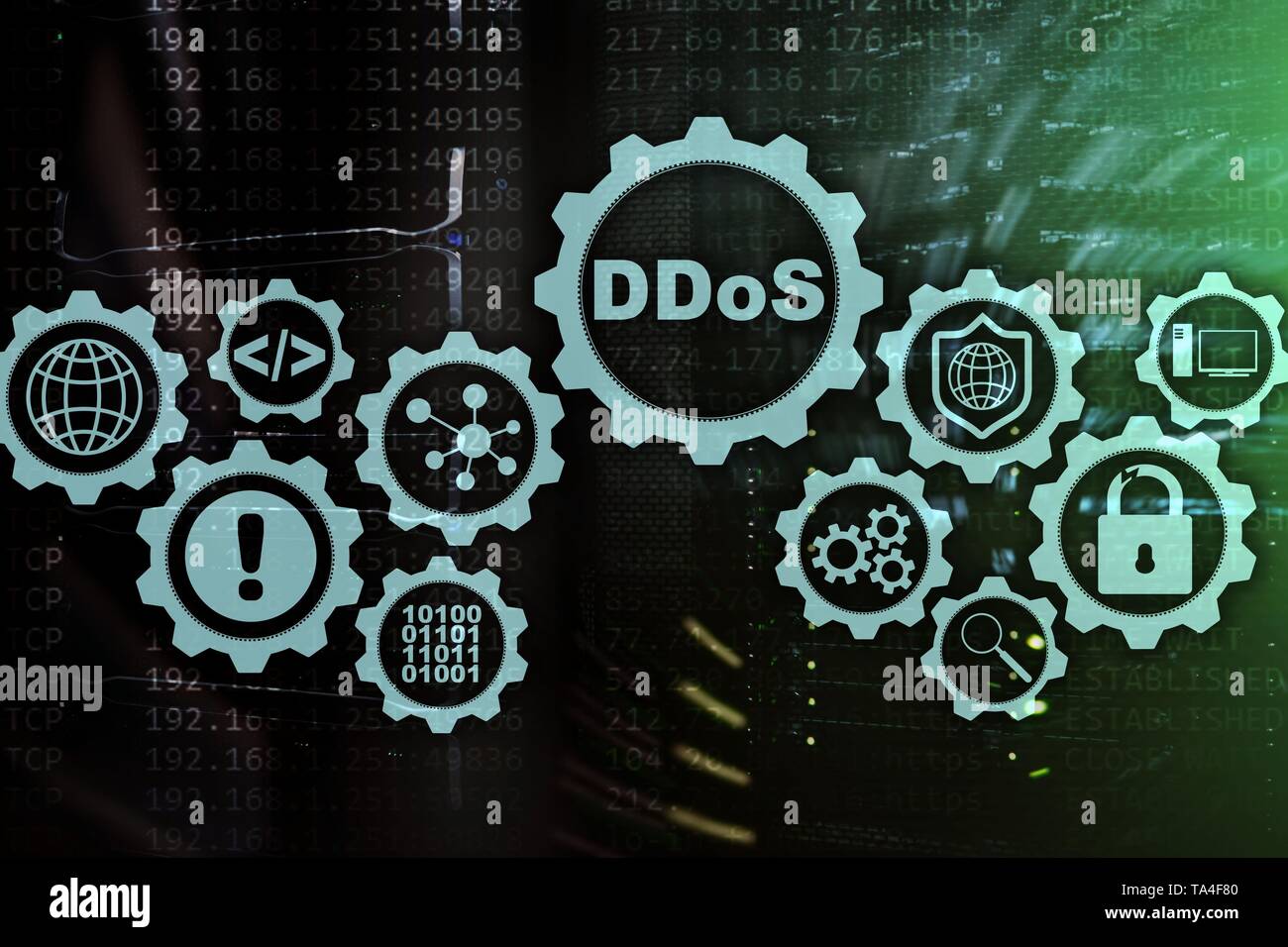 DDoS cyber attacco. Tecnologia, Internet e la rete di protezione del concetto. Server datacenter sfondo Foto Stock