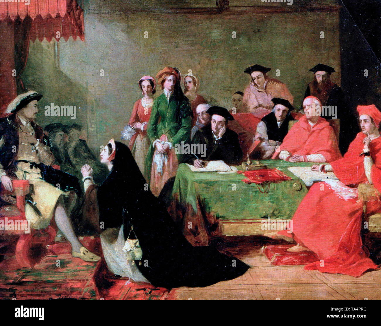 Caterina d'Aragona perora la sua causa contro il divorzio da Henry VIII. Dipinto di Henry Nelson O'Neil. Foto Stock