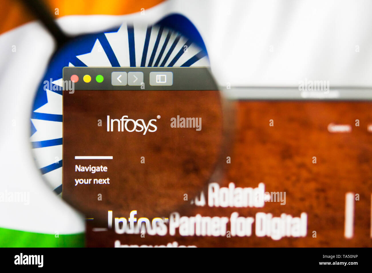 New York, nello Stato di New York, Stati Uniti d'America - 21 Maggio 2019: Editoriale illustrativa della società indiana Infosys website homepage. Infosys logo visibile sullo schermo. Foto Stock