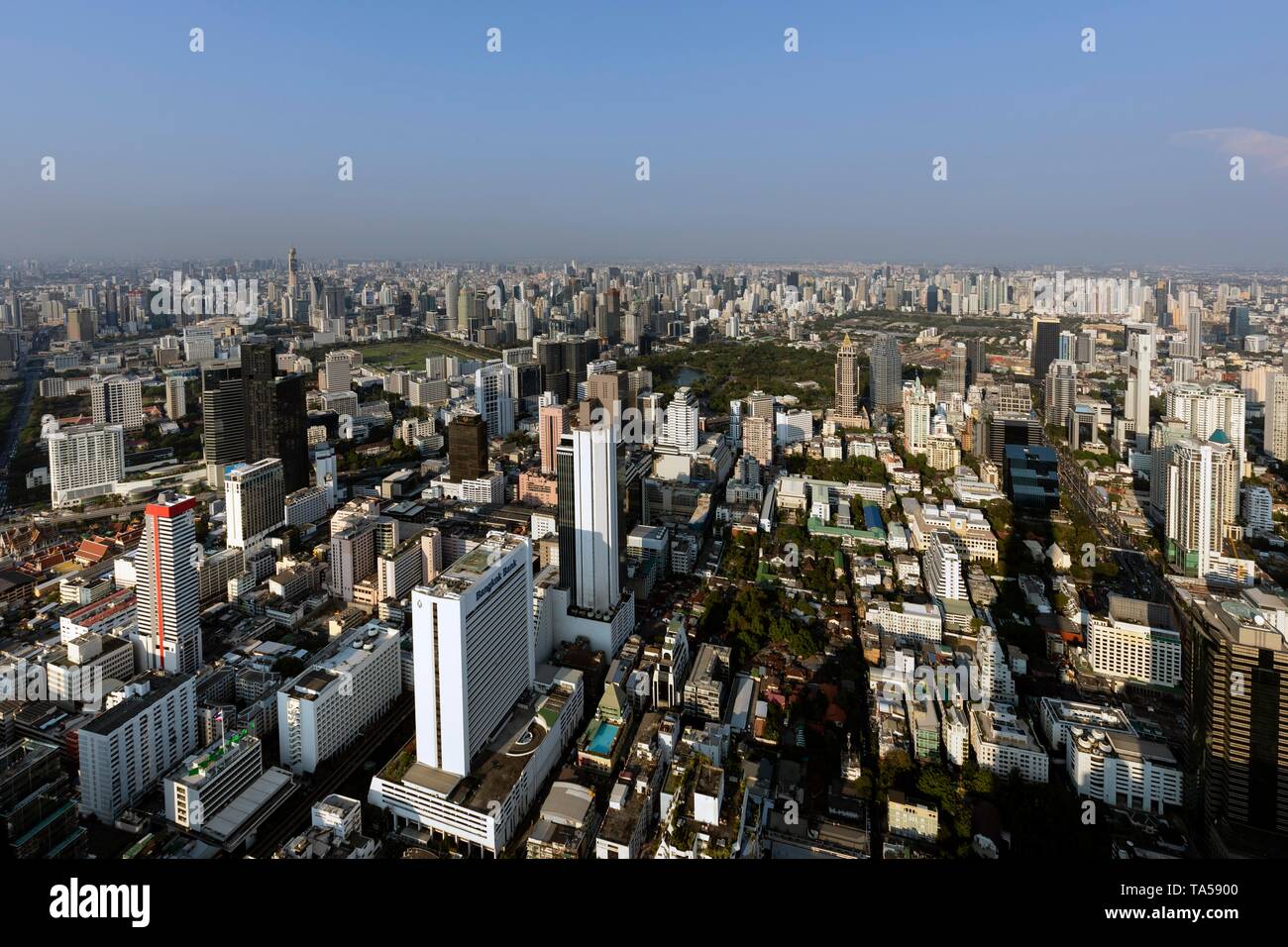 Vista da Maha Nakhon Tower, 314m, panorama cittadino, Pathumwan e Watthana distretto, Parco Lumphinee, Bangkok, Thailandia Foto Stock