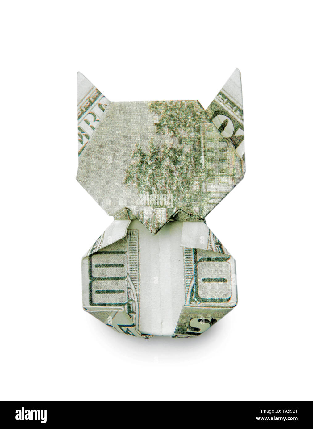 Origami cat fatta di dollar banconota su sfondo bianco Foto Stock