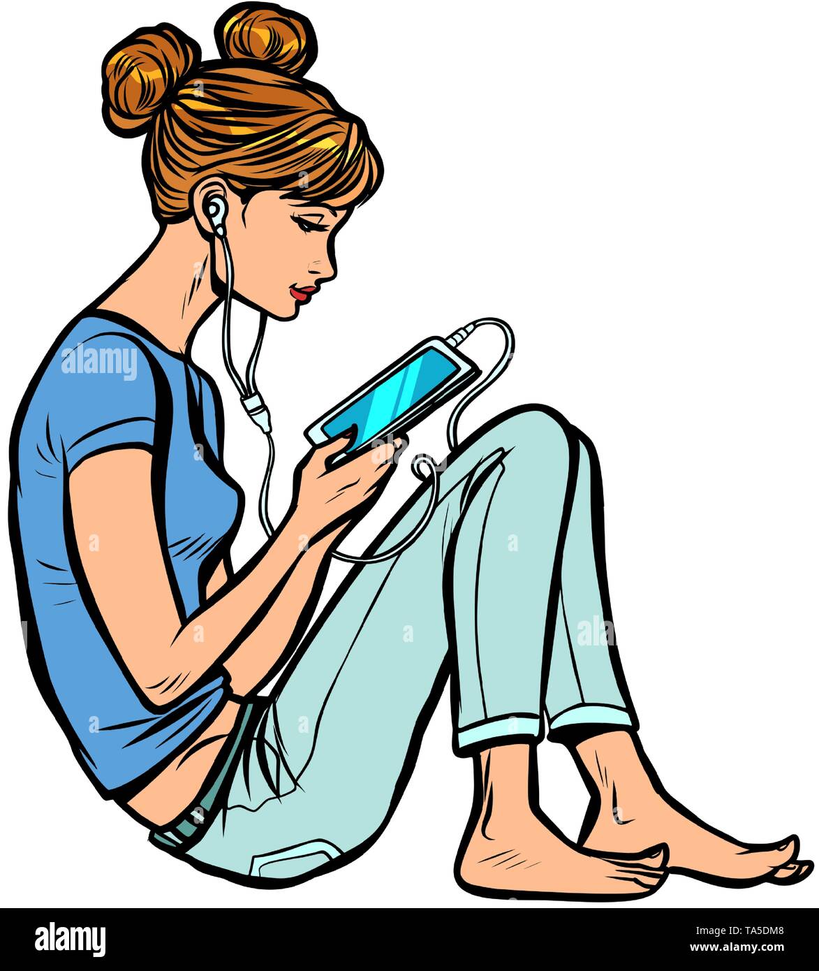 Teen girl ascoltando musica o audiolibri sul telefono Illustrazione Vettoriale