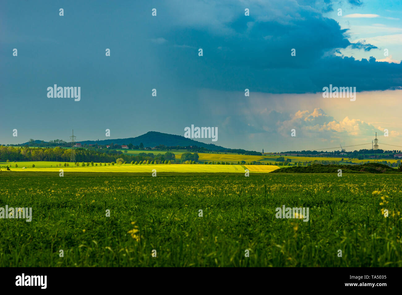 Panorama di Rotstein collina con avvicinando la pioggia come si vede da Neundorf auf dem Eigen, Sassonia/Germania - 21 Maggio 2019 Foto Stock