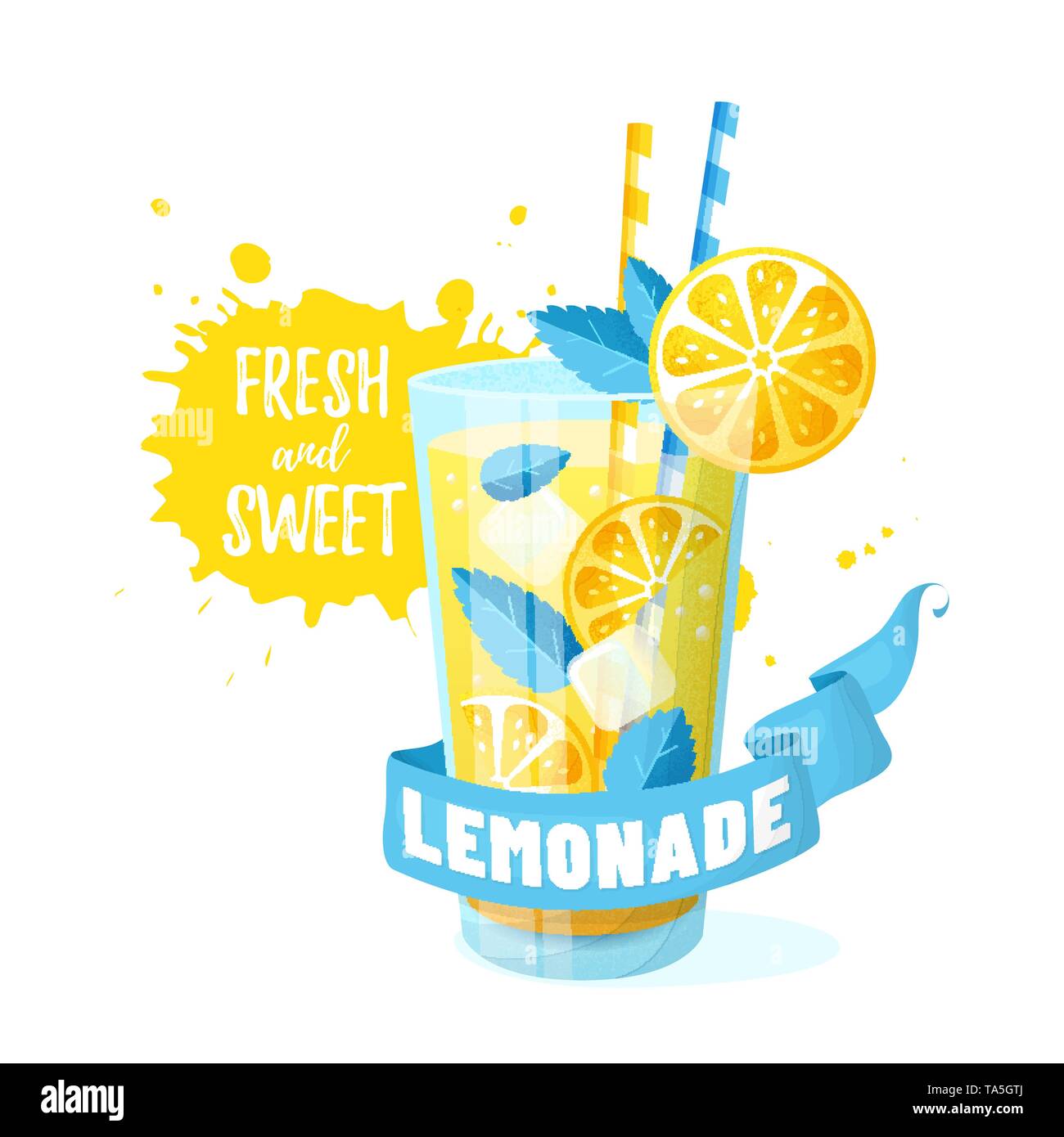 Illustrazione vettoriale limonata. Banner moderno con vetro, nastro e succo di spruzzi isolati su sfondo bianco. Bevanda estiva fresca e dolce con limone. Illustrazione Vettoriale