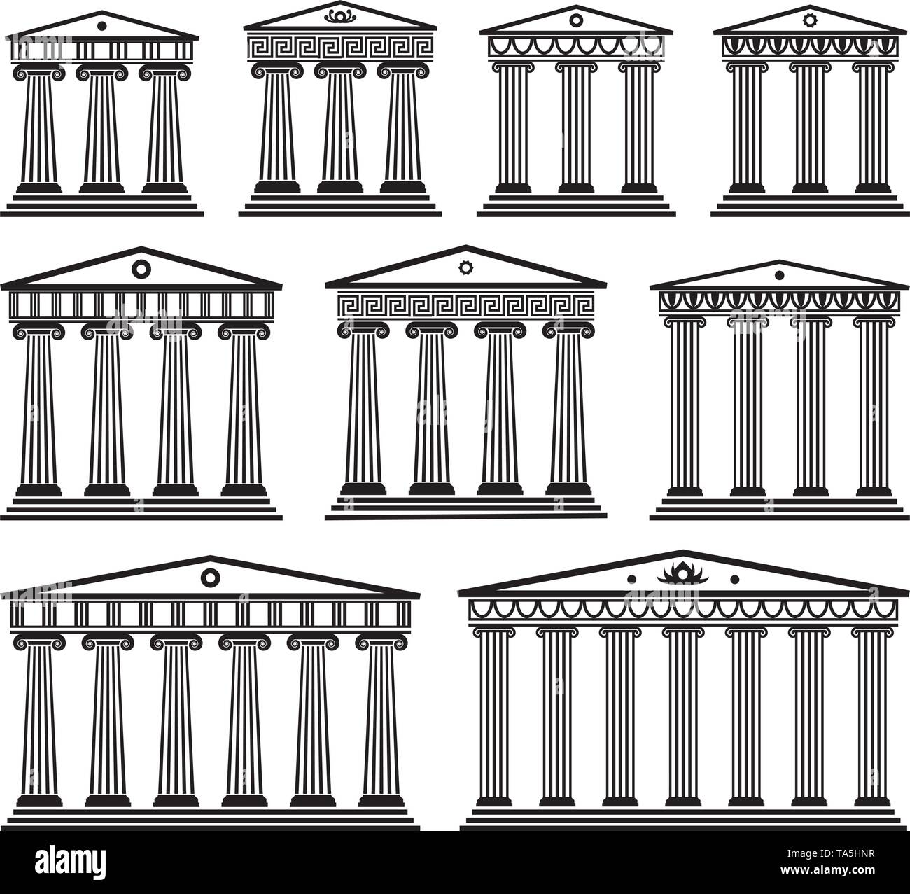 Set di vettore di antica architettura greca con colonne. in bianco e nero tempio romano edificio con pilastri. Il logo di greco parthenon o acropolis Illustrazione Vettoriale