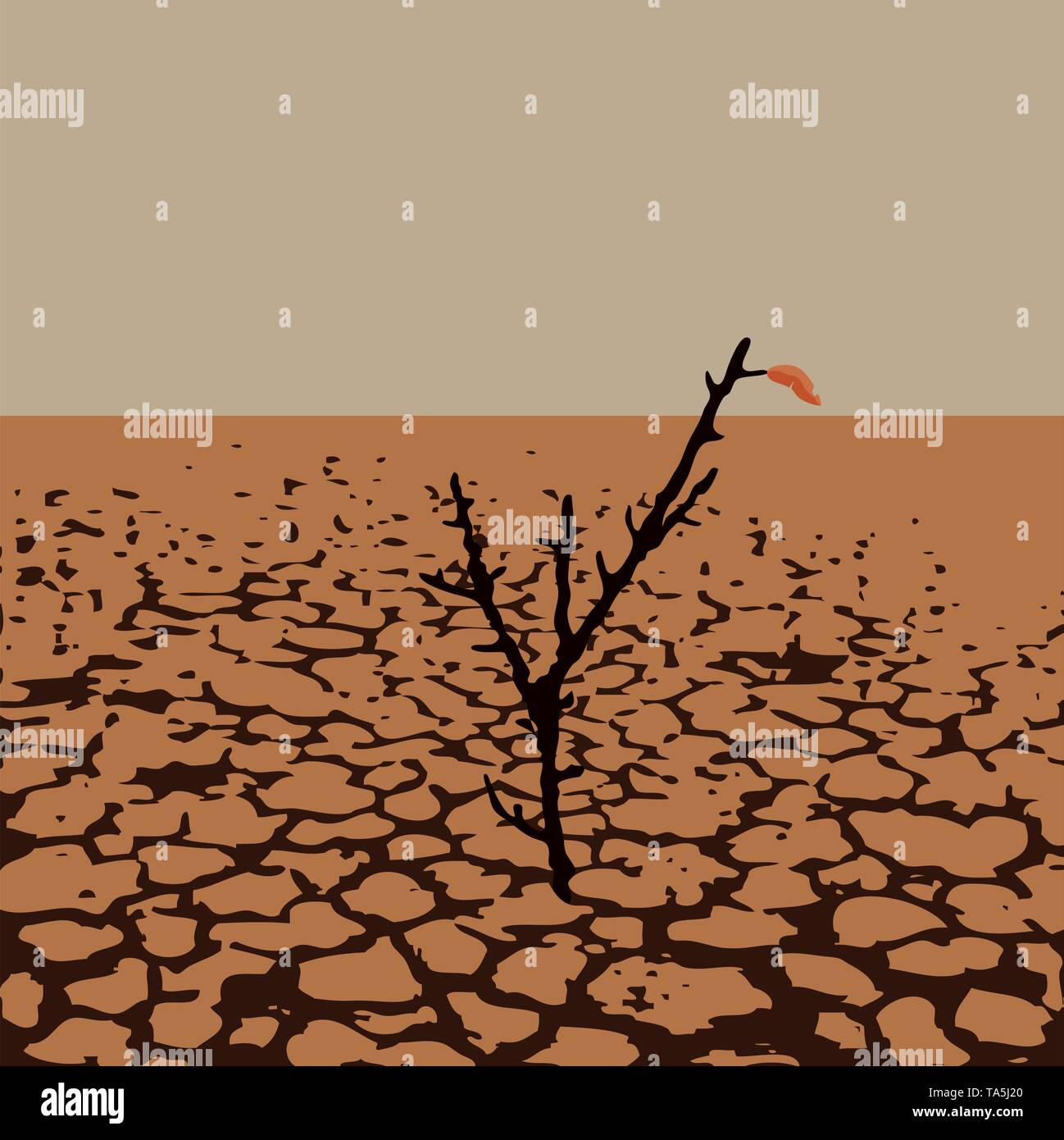Illustrazione vettoriale di un albero solitario nel deserto secco terra. danni al suolo da siccità. Il riscaldamento della terra asciutta illustrazione Illustrazione Vettoriale