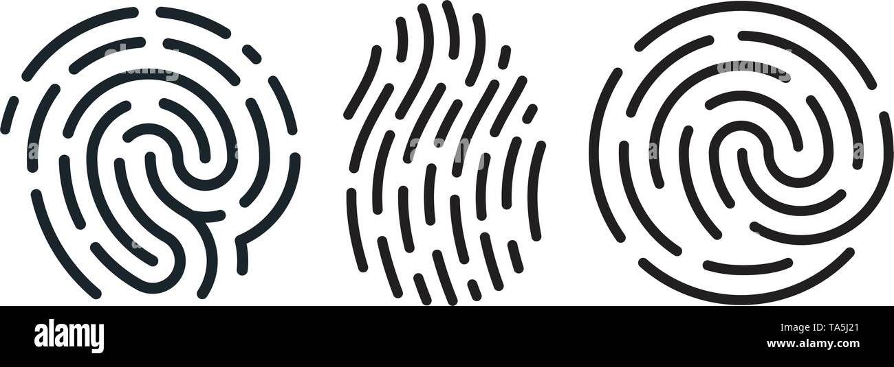 Vector set di icone di impronte digitali isolati su sfondo bianco. dito umano stampa simboli. in bianco e nero disegni di identificazione personale. segni di impronte digitali per se Illustrazione Vettoriale