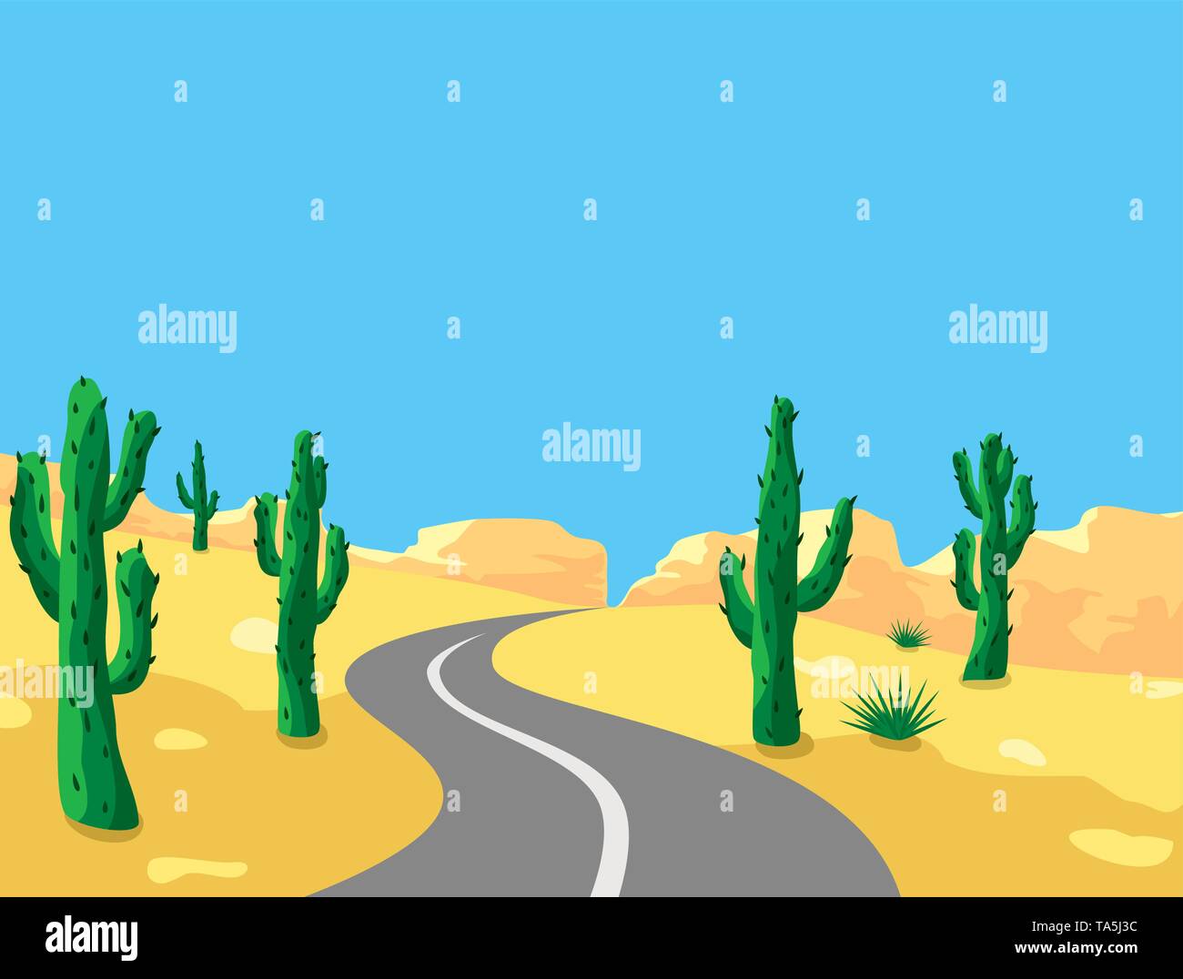 Vettore paesaggio deserto illustrazione con cactus, strada e montagne. cartoon di verde cactus nel caldo deserto americano Illustrazione Vettoriale