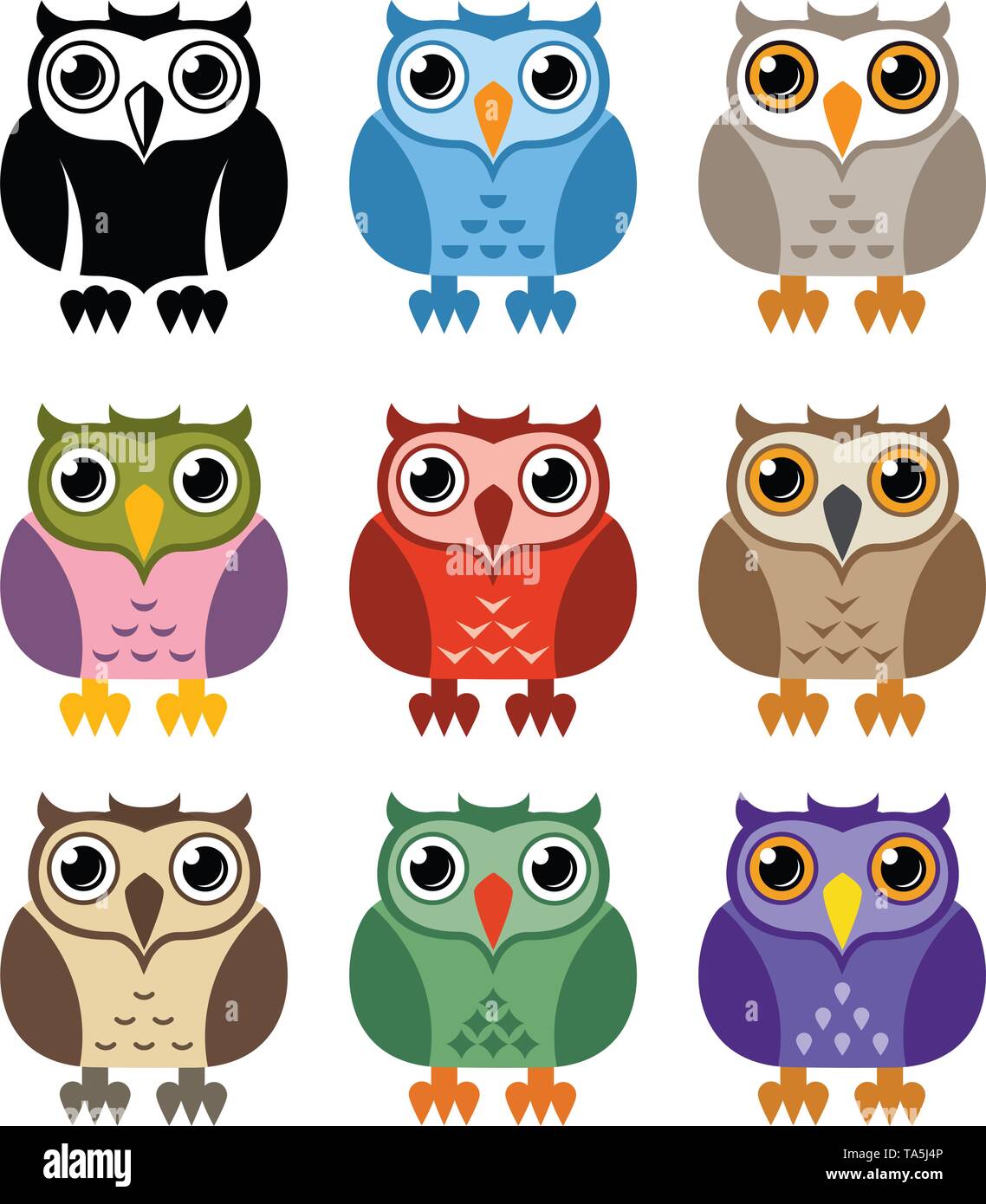 Il vettore in bianco e nero e colorato le icone di gufo isolato su sfondo whie. owl bird logo graphic design, simbolo di saggezza Illustrazione Vettoriale