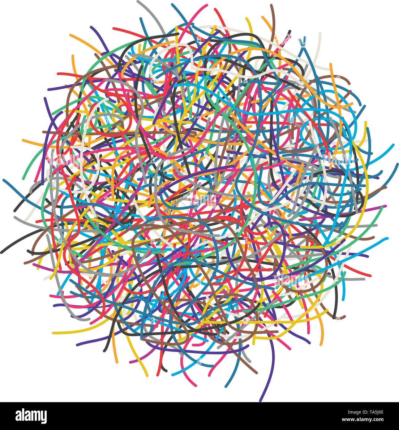 Vector aggrovigliato di fili o cavi isolati su sfondo bianco. il caos scribble illustrazione. astratto modello disordinato con linee aggrovigliati Illustrazione Vettoriale