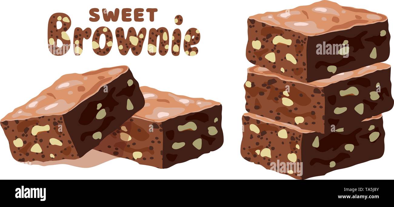 Vector brownie al cioccolato isolato su sfondo bianco. pile di brownie pezzi di torta con i dadi come dessert fatti in casa cibo illustrazione. eps10 Illustrazione Vettoriale