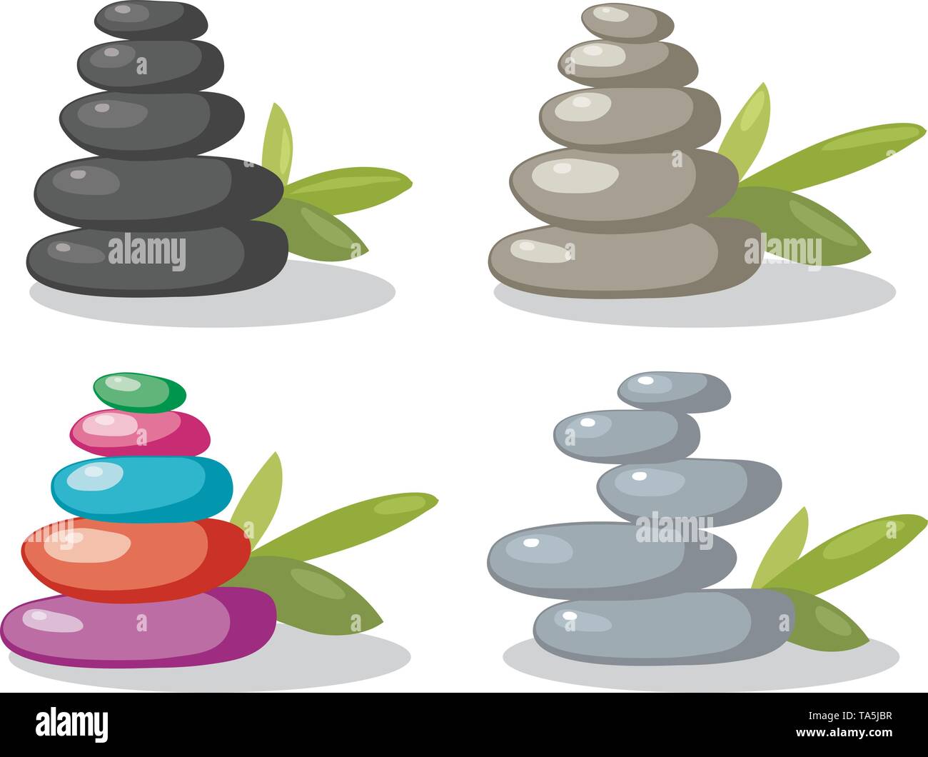 Vettore rock zen stack di pietre in equilibrio. set di nero, di grigio e di rocce colorate in accordo con foglie verdi. lisci ciottoli di pietra spa concept isol Illustrazione Vettoriale