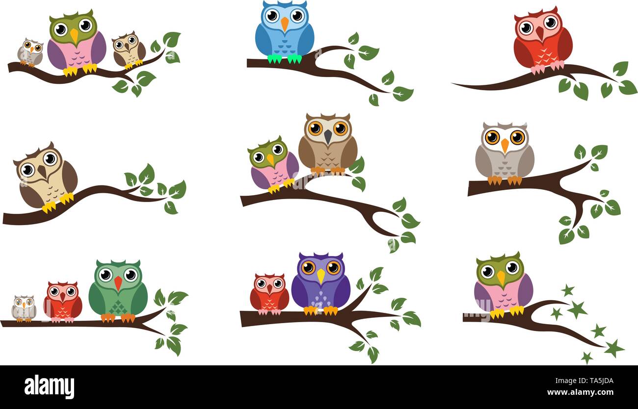 Vettore di gufo colorati seduti sul ramo di albero icone isolato su sfondo whie. owl bird logo graphic design, saggezza o simbolo di famiglia Illustrazione Vettoriale