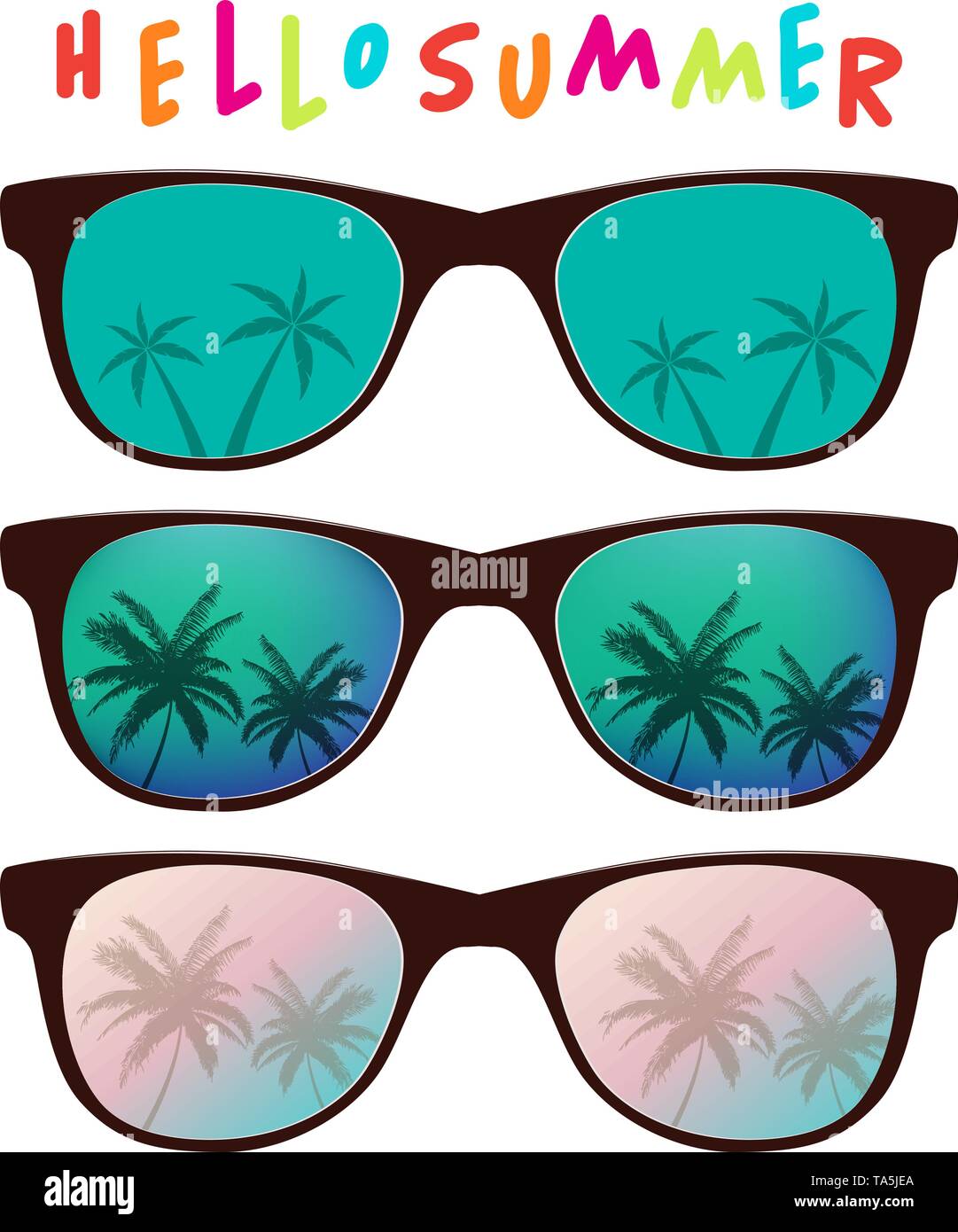 Set di vettore di occhiali da sole con Palm tree riflessione. ciao estate testo colorato. moderni occhiali da sole set isolato su sfondo bianco. viaggio estivo per Illustrazione Vettoriale