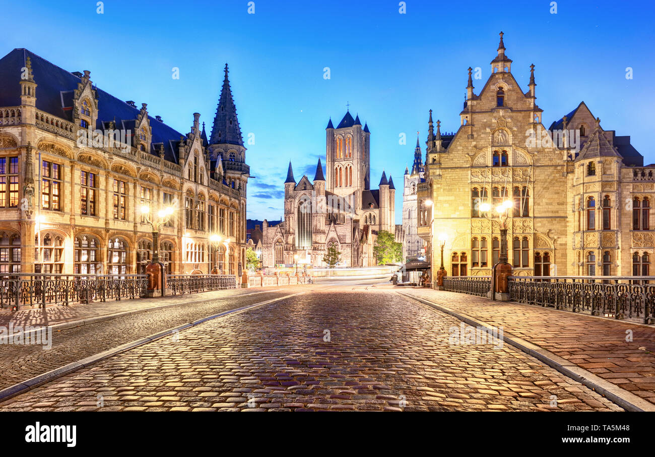 Ghent, Belgio durante la notte, Gent old town Foto Stock