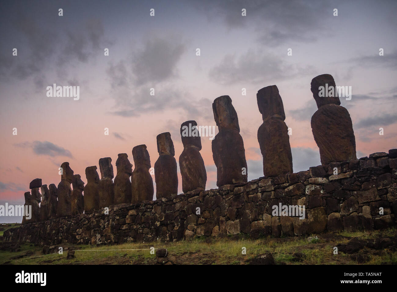 Sagome di Ahu Tongariki moai, Isola di Pasqua in Cile durante il sunrise Foto Stock