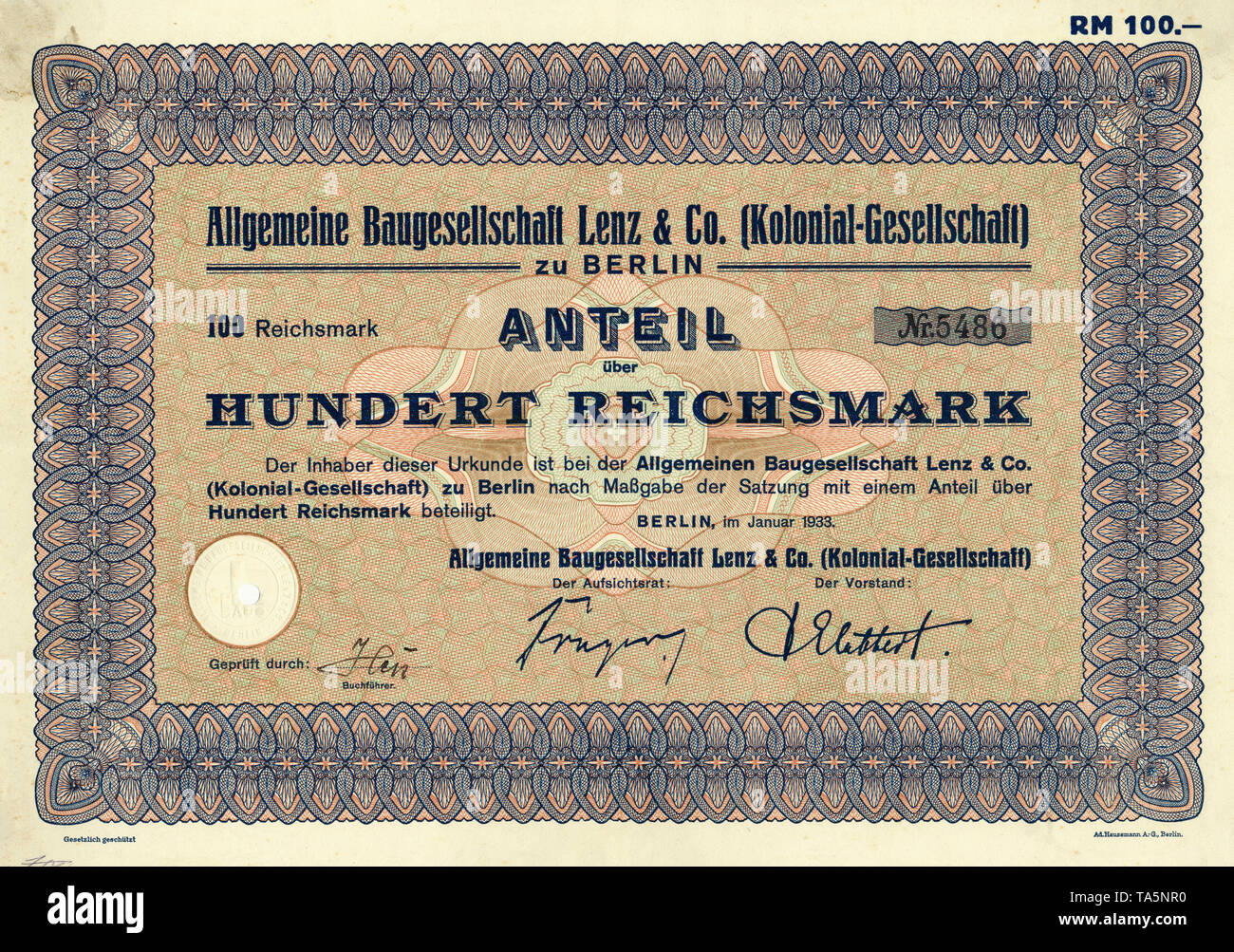 Historic Stock certificato, Reichsmarks obbligo, Germania, Historische Aktie über 100 Reichsmark, Allgemeine Baugesellschaft Lenz & Co. (Kolonial-Gesellschaft) zu Berlin, 1933, Deutschland, Europa Foto Stock