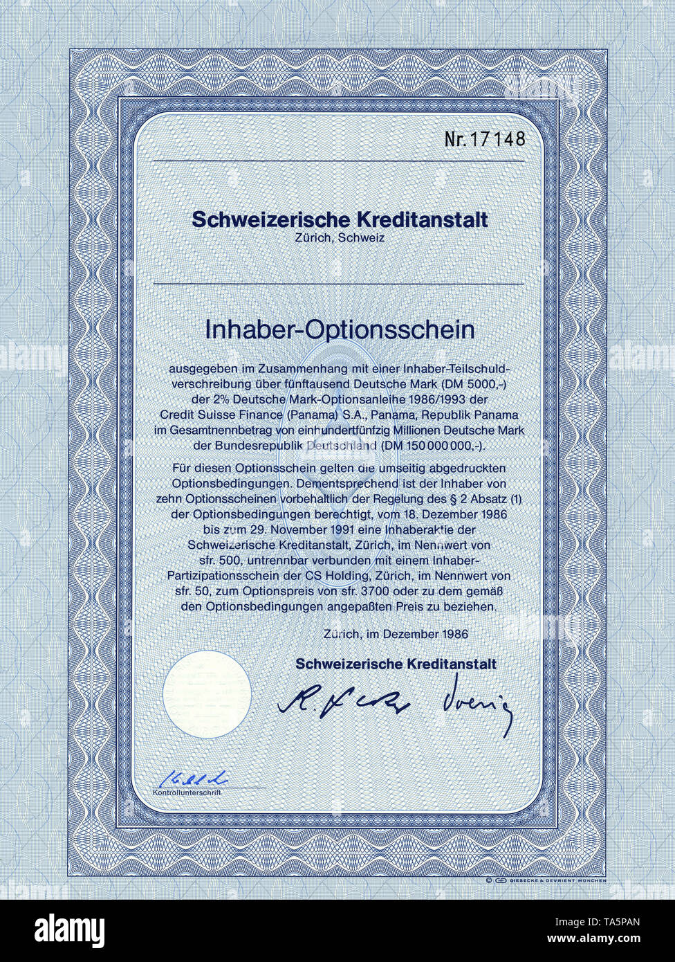 Historic Stock certificato, certificato di titoli al portatore, warrant, Wertpapier, Inhaber-Optionsschein, Deutsche Mark, Schweizerische Kreditanstalt, Zurigo, 1986, Schweiz, Europa Foto Stock