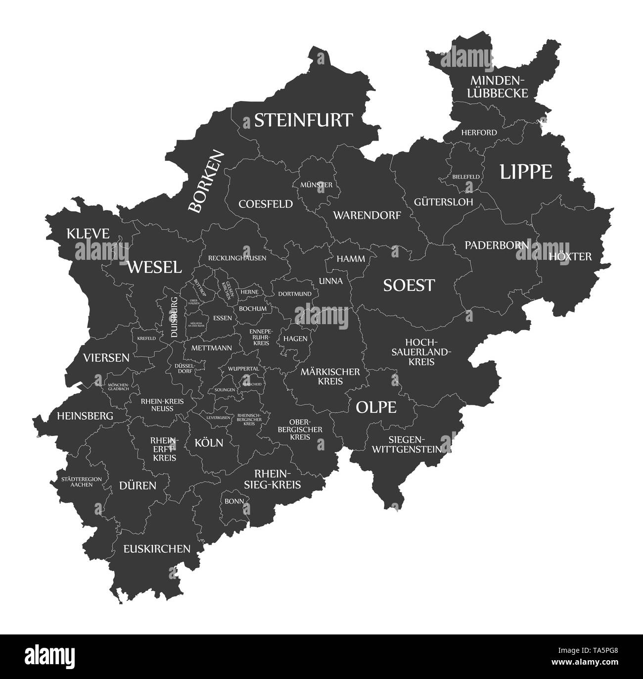 Mappa moderno - Renania settentrionale-Vestfalia mappa della Germania con le contee e le etichette di nero Foto stock - Alamy
