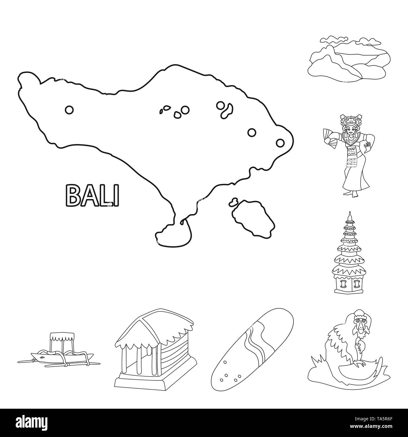 Vettore di design balinese e simbolo dei caraibi. Collezione di design balinese e geografia simbolo azionario per il web. Illustrazione Vettoriale