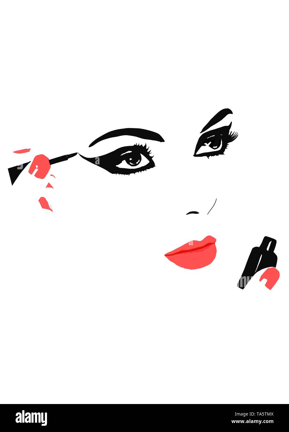 Mettere su eyeliner. Mettendo sul make up. make-up artist mettendo sul trucco per occhi. faccia astratta, logo per make up artist Foto Stock